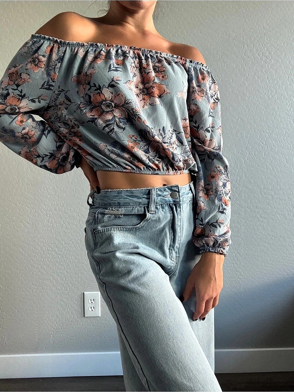 Floral Off-the-Shoulder Crop Top in Blue & Pink Like New